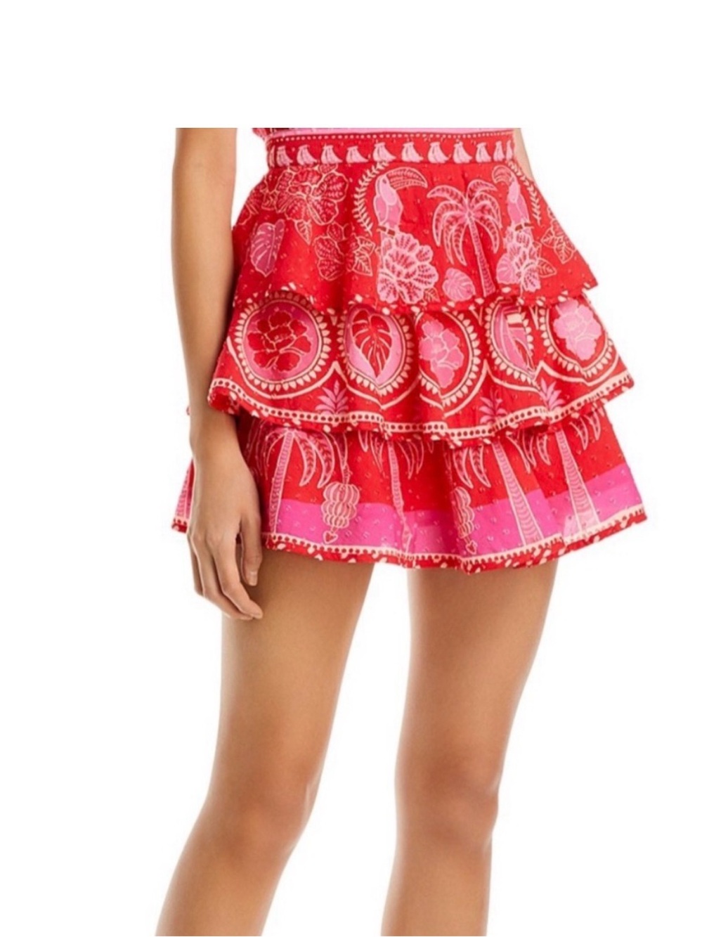 FARM Rio Red and Pink Tiered Floral Mini Skirt
